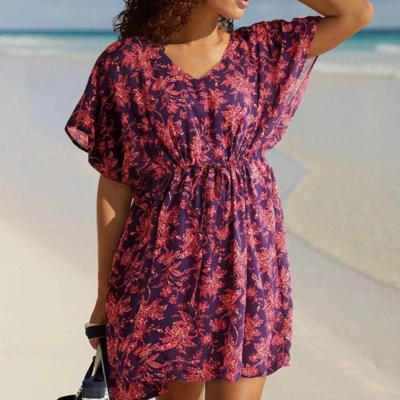 💙 Lands End Oversized Tunic Cover Up Dress Cover up Waiststring 100% Viscose - Picture 1 of 9